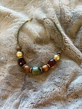 Source Unknown Green, Brown & Gold Statement Bead Necklace